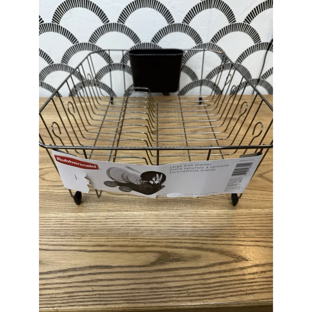 Rubbermaid Large Dish Drainer Drying Rack 6032 Chrome w/ Black Utensil Cup